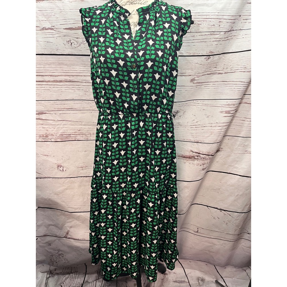 Ann Taylor Womens Green Black Floral Leaf Tiered Ruffle Neck Midi Dress Size M